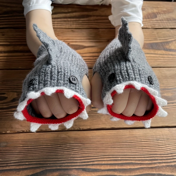 1 pair of quirky shark designed handmade knitted Fleece gloves - warm, comfortable, soft half finger winter accessories suitable for both men and women, perfect Christmas gifts for friends and family