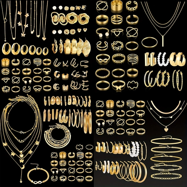 Juego de 35-68 piezas de joyería simple y retro con mariposas, corazones, perlas falsas, nudos retorcidos, estrellas, lunas, anillos anchos, cadenas de serpiente, cadenas trenzadas, pendientes geométricos en forma de C, collares, anillos, pulseras. Ideal para festivales, regalos, fiestas y uso diario.