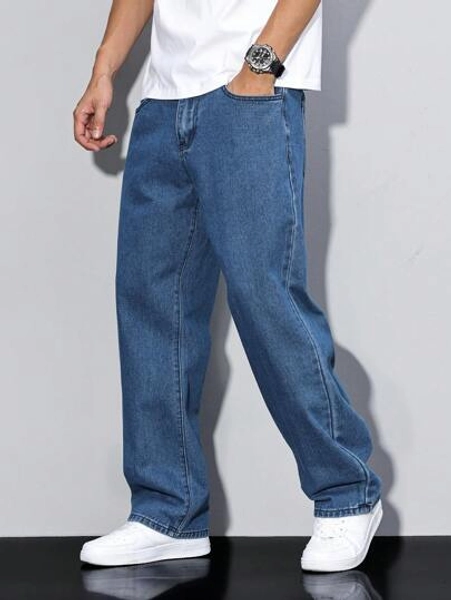 Manfinity Homme Men's Multi-Pocket Minimalist Baggy Denim Casual Jeans , Daily Wear