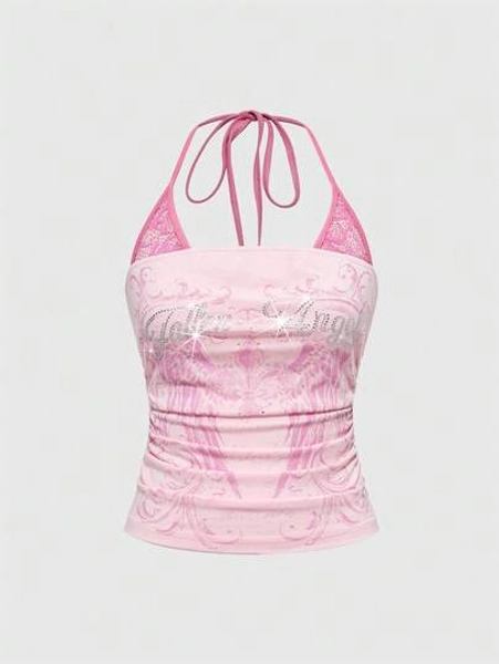 J-Fashion Y2K Concert Punk Wing Print 2 In 1 Contrast Lace Sleeveless Halter Top