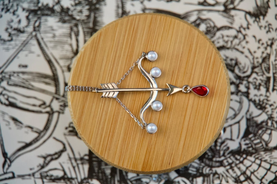 Sterling Silver Bow and Arrow Necklace, Red CZ, Pearls - Etsy