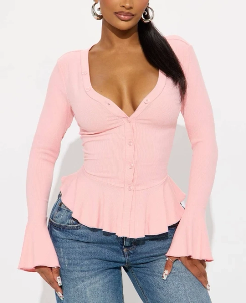 Fashion Nova Long Sleeve V-Neck Blouse