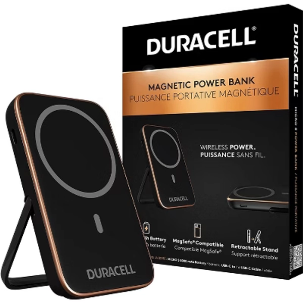 DURACELL Micro 5 Portable Charger Foldable 5,000mAh Power Bank  MagSafe Compatible Wireless iPhone Dual Charge Wireless + USB C TSA Compliant