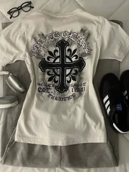 White Subculture Y2K E girl-Abi American Retro Vintage Print Short Sleeve Top