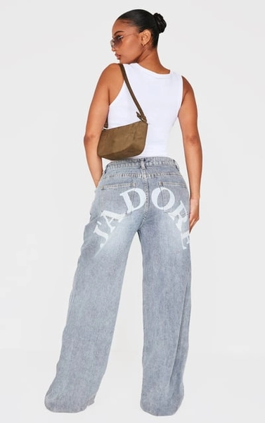 PrettyLittleThing Shape Vintage Light Wash Low Rise Washed Jadore Print Wide Leg Denim Jeans