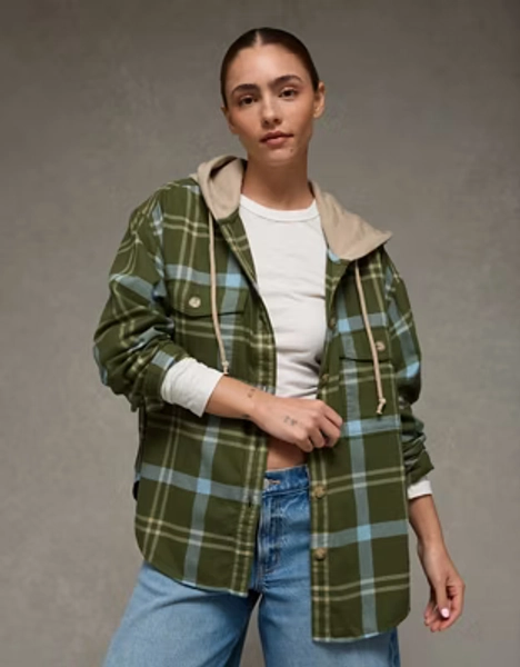AE Plaid Hooded Button-Up Shirt