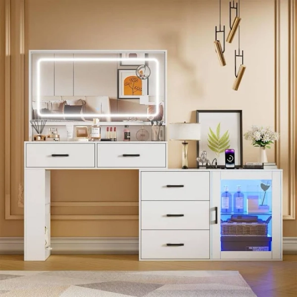 PAKASEPT White Large Makeup Vanity Desk With Mirror Charging Station