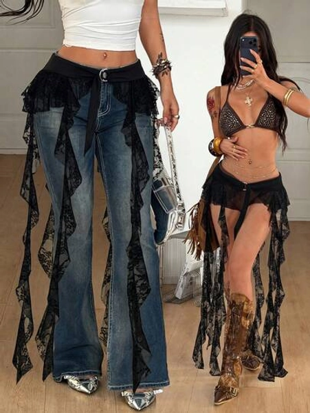 Coolane Women's Summer Streetwear Party Music Festival Sexy Y2k Boho Beach Outfits Lace Fringe Ruffle Skirt - Size XS