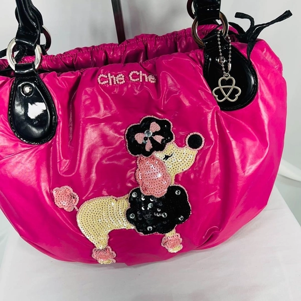 Che Che New York Sequins Poodle Handbag Tote Bag Purse Pink