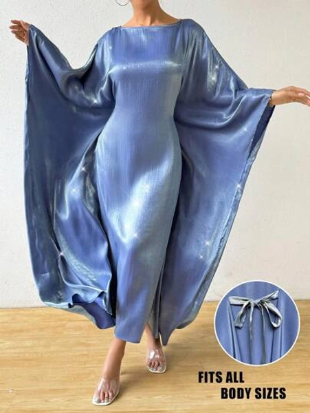 Rafferiza Women Round Neck Batwing Sleeve Solid Color Loose Casual Holiday Matching Dress Maxi Women Outfit Elegant Dress Women - Size one-size