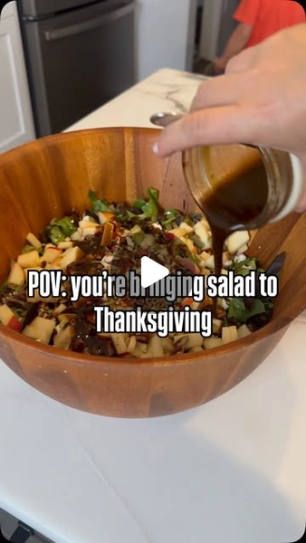 Liv ✨ on Instagram: "Easy salad to bring and it’s delicious!

serves ~8-10 people

WHAT YOU WILL NEED: 
-spring mix (5-8oz package) I chopped mine up 
-one honeycrisp apple, diced 
-1/4cup chopped pecans 
-two stalks celery, diced 
-5oz crumbled goat cheese 
-2tbsp pumpkin seeds 

dressing:
-1/3c olive oil 
-2 tbsp balsamic vinegar 
-1/2 tbsp Dijon mustard 
-2 tbsp maple syrup 
-1/2 tsp salt 

**dress the salad a few minutes before serving! 

#thanksgiving #thanksgivingrecipes #easysalad #easyrecipe #saladideas #harvestsalad"