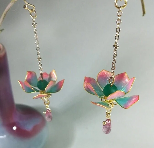 Lotus flower lamp  Earrings, Water lily  Ear Clips, Oriental water lily  Earrings, Colorful lotus Earrings ， flower earrings，Lotus earrings
