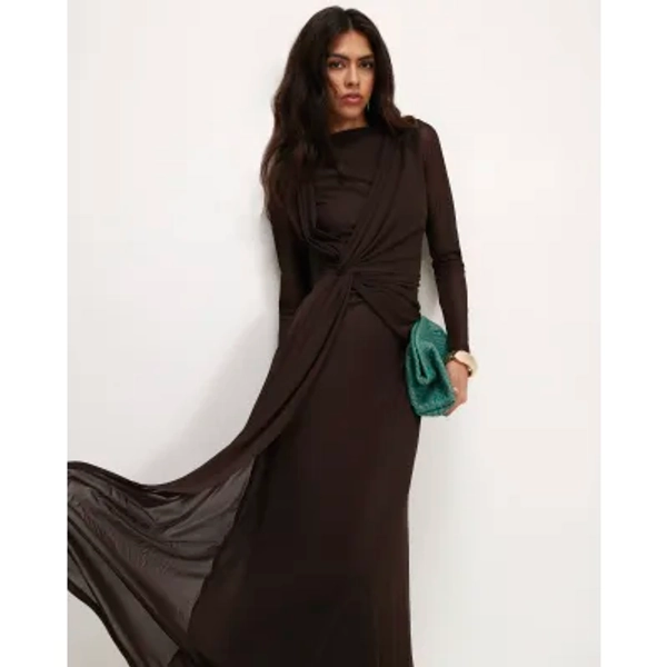 Brown Sheer Drape Maxi Dress