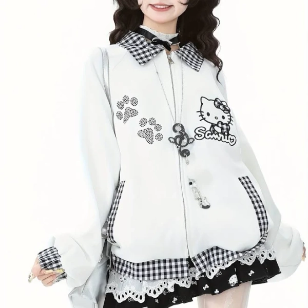 Cutecore Women's Y2K Embroidered Cat & Paw Print Plaid Jacket
