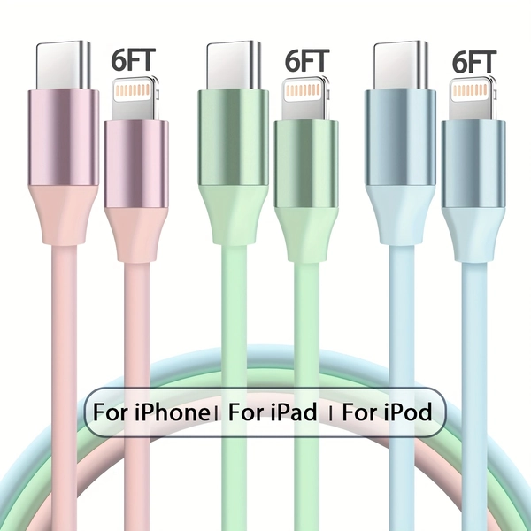 [Fast Charging USB-C Cable] MFi Fast Charging 1-Pack/3-Pack 6ft PD 20W USB-C Cable, Metal Casing, 5-Core Wire | Compatible with iPhone 14 13 12 11 Pro Max Xr Xs 8 7 6 Plus SE Mini iPad and More (Multi-Color)