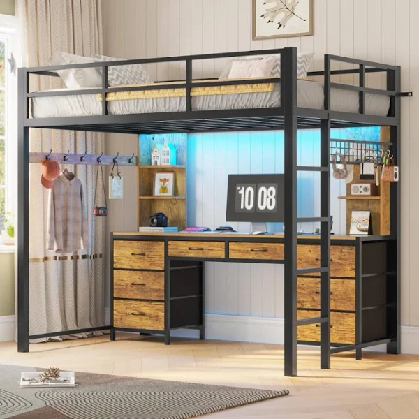 Loft Bed with Desk and Charging Station