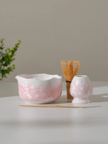 Handmade Pink Natural Glazing Matcha Kit Handcrafted Matcha Bowl with Chasen Holder Matcha Gift Set Gift Ideas