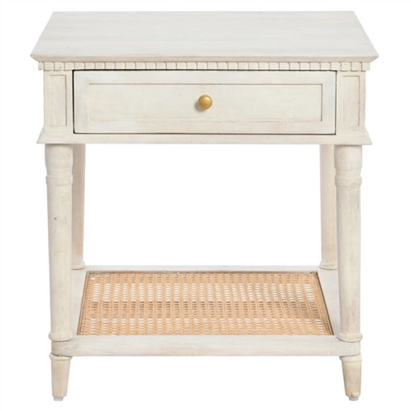 Talia Updated Traditional Distressed White Wood Woven Cane Side Table