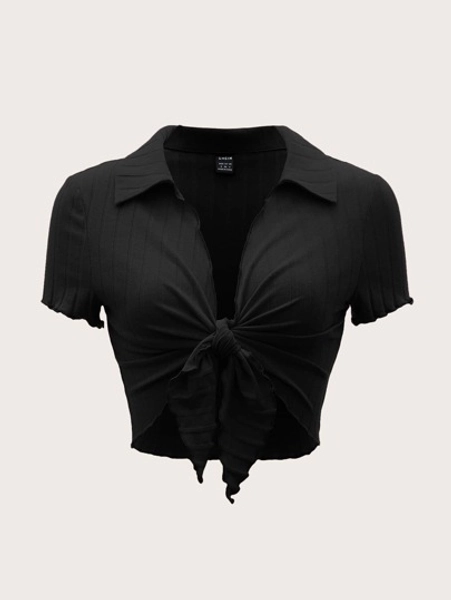 SHEIN EZwear Summer Going Out Lettuce Trim Knot Front Rib-Knit Crop Black Top - Size XS