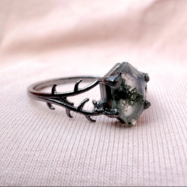 Natural Moss Agate Ring Hexagon Engagement Ring Inspired Leaf Solitaire Ring Green Healing Gemstone Ring Promise Ring Women