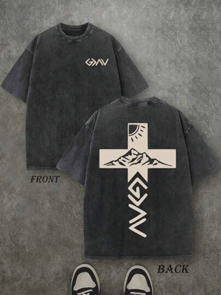 Retro Washed T-Shirt Double Sided Printed (230 Pure Cotton T-Shirt) 'God Is Greater Than Our Highs And Lows'  Letter Print, Christian Gift, Men's T-Shirt, Men's Casual, Comfortable, Fashionable T-Shirt, Street Style Cotton