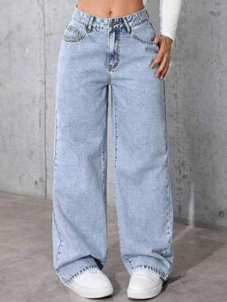 Teen Girls' Fashionable Versatile Solid Color Pocketed Denim Wide Leg Pants