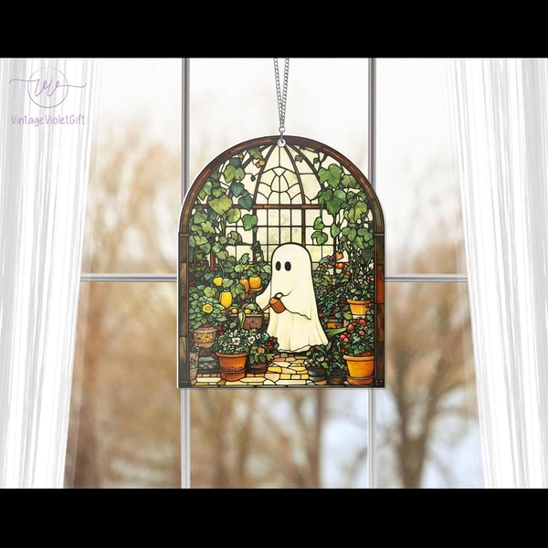 Cute Ghost Greenhouse Suncatcher Ornament, Halloween Ghost Acrylic Window Hangings, Plant Lovers Gift, Halloween Home Decor, Gift For Mom