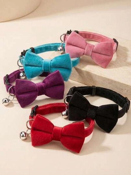 PETSIN 1pc Fashionable Adjustable Pet Collar, Multi-Color, With Bell And Bow Tie - Suitable For Cats And Small Dogs - Size Black + Black Star Tie