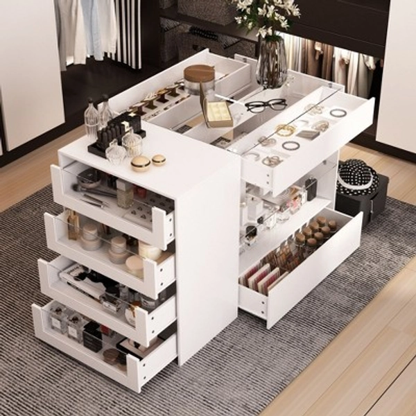 Famapy Glass-Top Closet Organizer White Dressing Island Ample Storage Dresser Display Storage Cabinet Closet Vanity Island Storage  Beauty Organizer