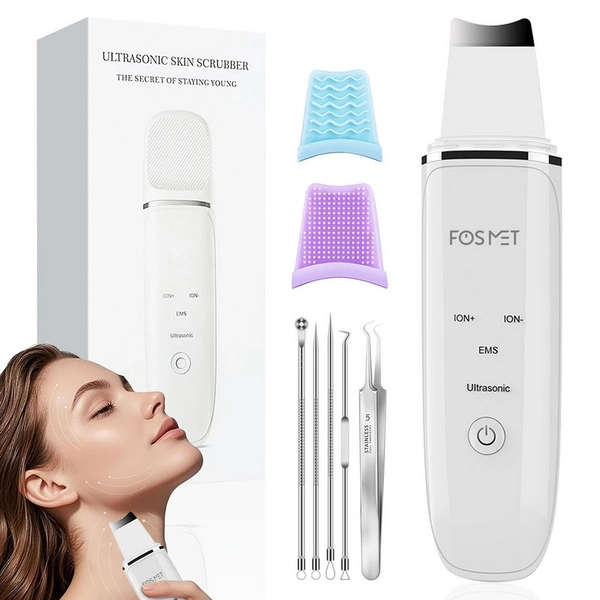 FOSMET Porenreiniger Ultraschall Skin Scrubber, mit 4 Modi, Face Spatula Mitesserentferner, Ultraschallpeelinggerät Skin Scrubber UltraschallPeeling Porenreiniger, Gesichtswaschspatel zur Reinigung und Entfernung von Mitessern & Öl