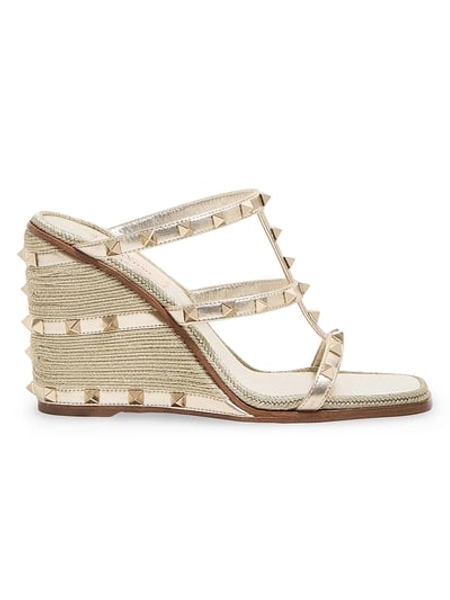 Valentino Garavani Women's Rockstud Wedge Sandals in Laminated Nappa - Platinum - Size 5
