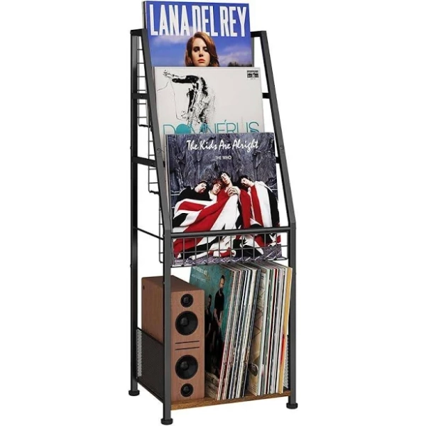 3-Tier Vinyl Record Storage with Display Shelf, Sturdy Wire Record Holder Up to 100 Albums, Vinyl Storage Organizer Rack with 4 Large Metal Baskets,