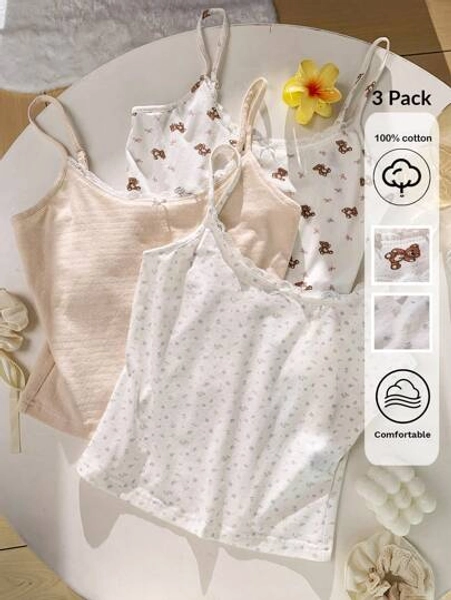 CovetEZ 3 Pcs Cotton Women's Casual Cute Floral & Bear Print Contrast Lace Cami Top, Summer - Size S