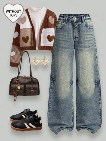 Tween Girls Jeans - New Arrival For Fall/Winter, Fashion Colorblock Design, Distressed Mid-Blue Straight Leg Loose Fit Casual Jeans, Suitable For Spring, Fall, Winter, Relaxed Fit, Mid-Rise, Vintage Wash, Y2K Streetwear Style Teen Girls Casual Vintage Washed Light Blue Wide Leg Jeans, Fashionable & Versatile Khaki Basic Jeans, Mid-Autumn Jeans, Winter Jeans, Warm-Toned Loose-Fit Girls' Jeans, Bohemian Style, Bohemian Colors, Khaki Colors, All Beautiful, Can Be Paired With Khaki Or Chocolate-Colo