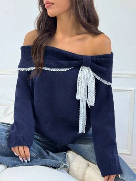 Flirla Women Off Shoulder Casual Cute & Playful Contrast Lace Short Sweater Knit Pullover Fall Winter Outfit