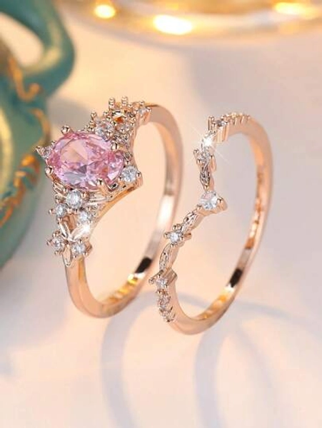 2pcs Elegant Oval Pink Cubic Zirconia Rose Gold Plated Women's Ring Set, Luxury For Wedding, Party, Daily Wear, Shiny Accessory