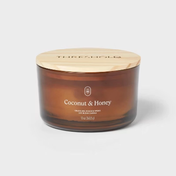 3-Wick Amber Glass Wooden Wick Coconut and Honey Jar Candle 13oz - Threshold™