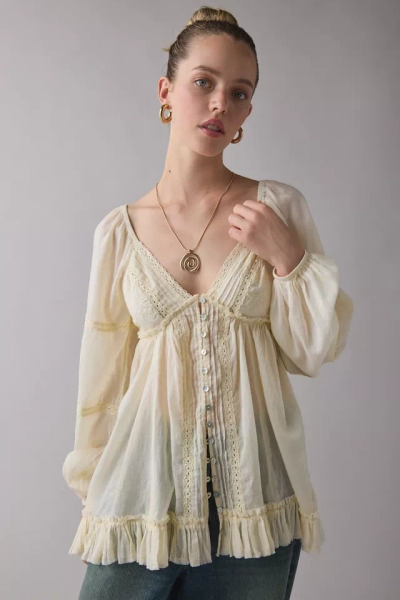 Kimchi Blue Delphine Lace Trim Long Sleeve Babydoll Tunic Top