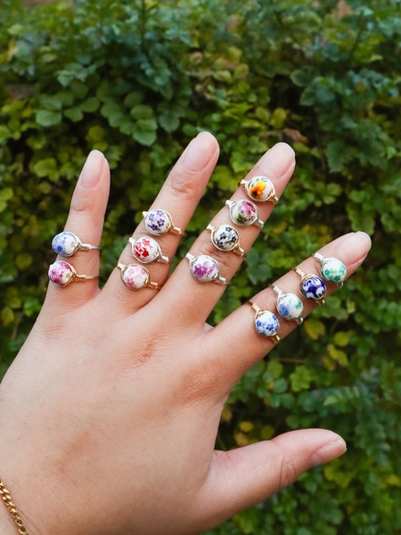 Handmade Wire Wrapped Floral Ceramic Ring