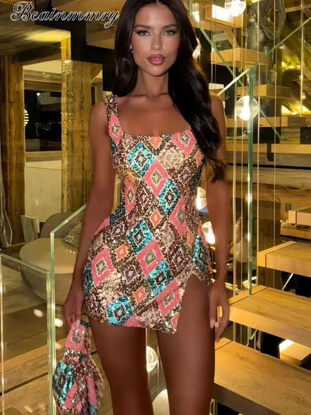 Sexy Sequin Printed Split Mini Dress Women Sleeveless Off Shoulder Slim Fit Party Vestidos 2026 Summer Street Fashion Gowns New - AliExpress 200000345