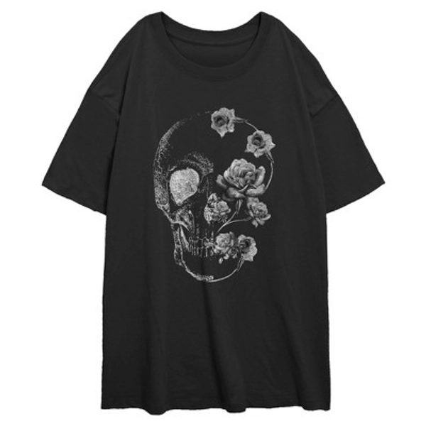 Junior's Lost Gods Rose Skull Grayscale Distressed Portrait Oversized T-Shirt - Black - Medium