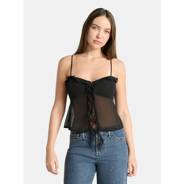 No Boundaries Chiffon Ruffle Tie Front Cami, Women's