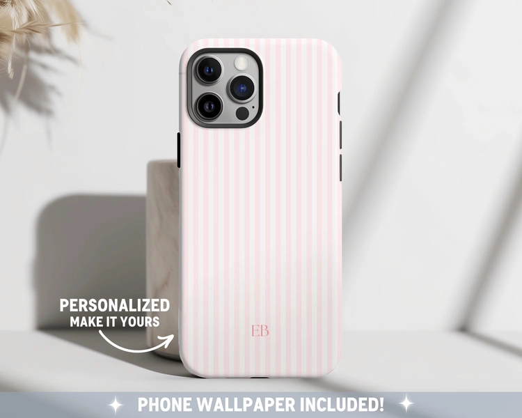 Personalized Pink Phone Case Custom Monogram iPhone Case Aesthetic Pink Striped Phone Case Summer Coastal Phone Case Preppy Phonecase Beachy
