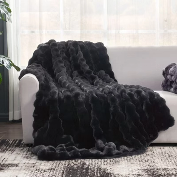 Cozy Bliss Faux Fur Throw Blankets Plush Fuzzy Soft Thick Bubble Blanket for Sofa Bedroom Living Room,50"*60",Black