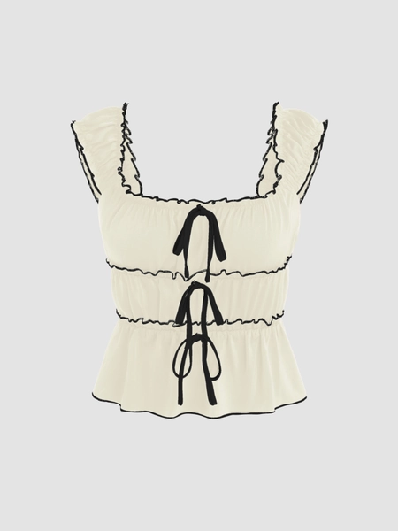 Contrasting Trim Knotted Short Sleeve Blouse