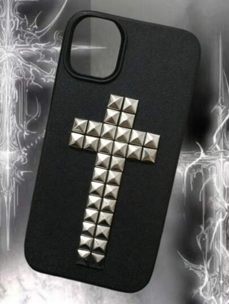 1pc Halloween DIY Punk Rivet Cross Religious Rock Rivet Metal Leather Phone Case, Suitable For IPhone 17 Pro Max 16 15 14 13 12 11 Pro Max Plus, Soft Back Cover