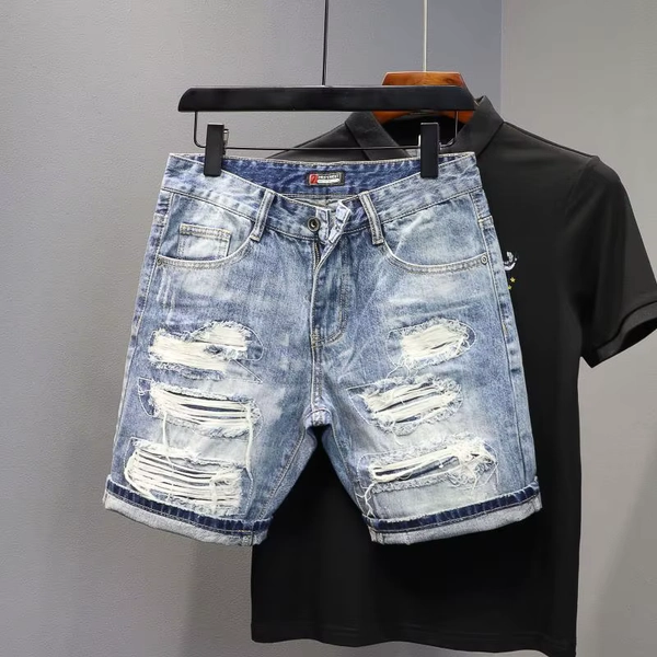 Denim Shorts 2025 Men's Summer Thin Ripped Patch Beggar Pants Cat Whisker Needle Sewing Slim Small Feet Short Jean Medium Pants - AliExpress 200000343