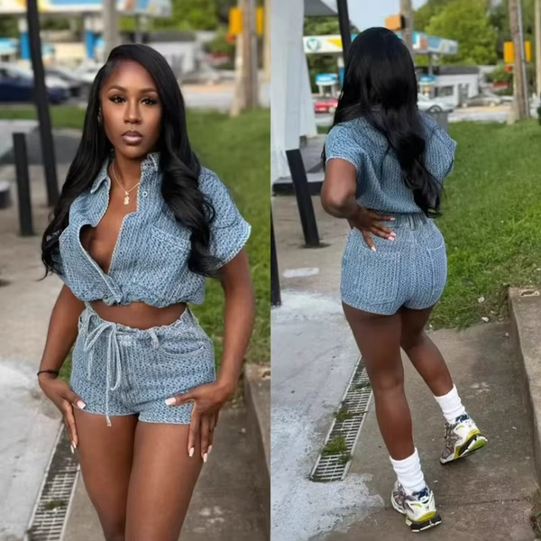 Two Pieces Women Denim Short Sets Solid Matching Set Short Sleeves Coats Mini Lenth Drawstring Pants Slim Streetwear 2026 Summer - AliExpress 200000345