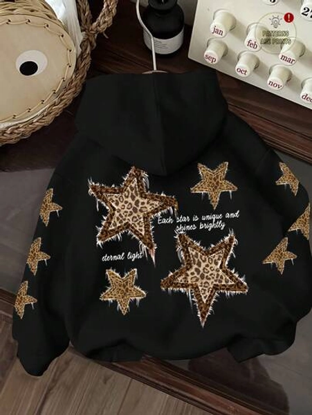 Attitoon Casual Minimalist Style Faux Mechanical Khaki Star Graphic Print Black Long Sleeve Hoodie Sweatshirt, Suitable For Autumn/Winter, Vintage, Sexy, Cute, Y2K, Coconut Girl, Boho, Hippie, Music Festival