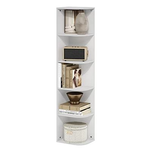 Furinno Pasir 5-Tier Corner Open Shelf Bookcase, White